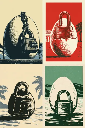 chinese woodcut print, linocut poster, rough carved texture, thick hand-carved lines, limited two-tone color, large blank space, breathing sense, poster for public welfare advertisement, simple background, vertical composition, eggshell protected by sturdy padlock, metaphor for guarding enterprise core technology and trade secrets, hainan free trade port subtle background element, low angle composition, solemn and calm atmosphere