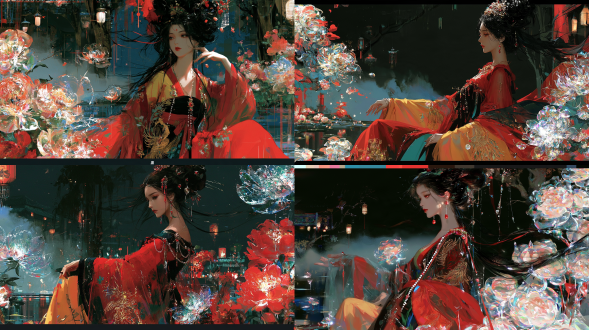 a beautiful and majestic oriental fantasy empress (wu zetian) in a quiet moonlit peony imperial garden at night, cinematic horizontal wallpaper composition. she sits gracefully sideways, elegant yet authoritative posture, an imperious and peaceful expression, elegant face, her eyes showing the spirit of an unmatched sovereign and a hint of noble loneliness. long black hair styled in an elaborate high bun, loose strands flowing naturally in the breeze. she wears a fantasy tang dynasty inspired imperial dress: layered bright yellow and deep red silk, translucent wide sleeves, exquisite golden phoenix embroidery, pearl and ruby ornaments, subtle gold accessories, royal, elegant, romantic, dreamlike. giant blooming peonies with translucent crystal petals glow and float gently around her, reflecting moonlight, growing from the garden, sleeves, and hair. soft mist, floating palace lantern light, ancient trees, quiet water reflections. the magic feels poetic and natural, not a special effect. peaceful, majestic, slightly melancholic mood. soft cinematic lighting, elegant negative space, oriental fantasy painting, high end game concept art. no armor, no battle pose, no western fantasy, no dark queen, no exaggerated magic effects.