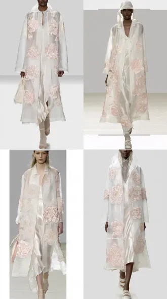 fashion runway show, full body shot of a female model wearing a sheer white long coat over a silk slip dress. remove the bag. the coat features large, highly textured 3d floral embroidery (peonies and roses) in soft blush pink with intricate satin stitching and raised gold thread details. minimalist pure light grey background, completely clean, no props, no checkerboard. studio lighting, soft spotlight emphasizing the three-dimensional texture of the embroidery, photorealistic, ultra-detailed fabric, 8k,
