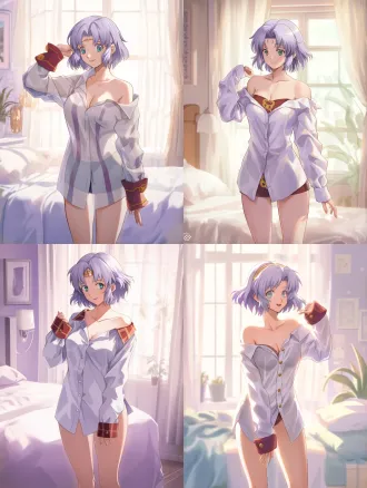 anime illustration of cherie from langrisser, short fluffy lavender-purple hair, emerald green eyes, small golden tiara. modern bedroom in soft morning light, wearing an oversized men's white button-up oxford shirt, collar slightly open slipping off one shoulder, hem reaching mid-thigh completely covering her bottom half (boyfriend shirt style), sleeves too long covering her hands with only fingertips peeking out. standing barefoot on a rug beside the bed, one hand grasping the overlong cuff, playful and slightly smug expression, head tilted looking at viewer. warm cozy atmosphere, delicate light and shadow, detailed hair texture, high-quality anime art style