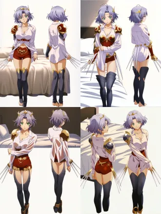anime illustration of cherie from langrisser, short fluffy lavender-purple hair, emerald green eyes, small golden tiara. modern bedroom in soft morning light, wearing an oversized men's white button-up oxford shirt, collar slightly open slipping off one shoulder, hem reaching mid-thigh completely covering her bottom half (boyfriend shirt style), sleeves too long covering her hands with only fingertips peeking out. standing barefoot on a rug beside the bed, one hand grasping the overlong cuff, playful and slightly smug expression, head tilted looking at viewer. warm cozy atmosphere, delicate light and shadow, detailed hair texture, high-quality anime art style