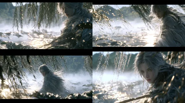 风格： 次世代 3d 国漫 cg，虚幻引擎 5（unreal engine 5），电影级数字人渲染，超写实 pbr 材质，8k 超高清画质。 场景： 清晨的江南湖畔，薄雾缓缓笼罩湖面，远处青山若隐若现。垂柳随微风轻轻摆动，碧绿荷叶漂浮在清澈的湖水上，露珠在叶片边缘闪烁。晨光穿过薄雾，形成柔和的体积光，水面泛起细腻的金色波光，整体呈现东方古典美学与现代电影 cg 融合的视觉风格。 人物质感： 电影级数字人，细腻通透的皮肤，真实微观毛孔，自然次表面散射（sss），柔和而克制的皮肤高光，精致的面部轮廓，真实的皮肤粗糙度变化，发丝根根分明，衣料具有真实的物理褶皱与光照响应。 动态设计： 镜头从薄雾湖面缓慢向前推进，掠过随风摇曳的垂柳与荷叶，水面产生自然细微的涟漪。晨风轻拂人物发丝与衣袖，人物自然呼吸，衣袂缓缓飘动。镜头以电影级浅景深缓慢聚焦人物，最终定格于具有东方神韵的唯美画面。 光影与渲染： ue5 lumen 全局光照质感，电影级 hdr 光影，真实反射与折射，柔和环境光遮蔽，自然体积雾，精确的 pbr 材质响应，细腻的明暗过渡，电影级调色，空间层次丰富。 摄影参数： 24 fps，4k 或 8k 输出，16:9 电影画幅，缓慢平滑的电影运镜，真实运动模糊，稳定的角色形体与面部细节。 负面提示词： 塑料皮肤，过度磨皮，蜡像质感，毛孔过度锐化，过曝，色彩过饱和，低分辨率，画面闪烁，人物变形，面部漂移，肢体畸形，发丝穿模，衣物穿模，水面异常，背景扭曲，镜头抖动，卡通扁平光照，ai 生成伪影，文字，水印。