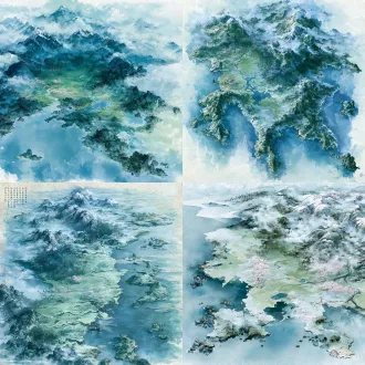 top-down bird's-eye view, fantasy xianxia map, 中国传统水墨山水画，手绘宣纸质感，层叠云雾仙山，积雪山峰，幽深竹林，碧绿平原，粉色仙花树，蜿蜒灵河与山间湖泊，崎岖海岸线，深海散落小岛，隐秘洞府，仙气缭绕，淡青浅绿色调，水墨晕染，古舆图质感，无文字无标注