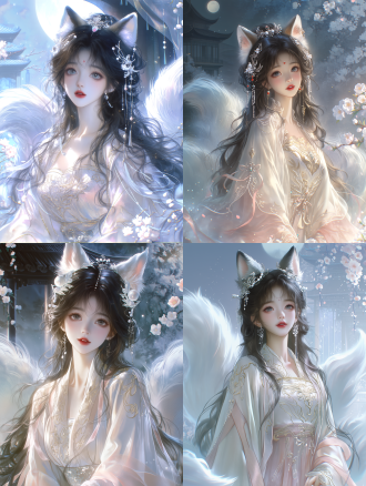 ancient chinese fantasy, eastern aesthetics, a 20-year-old fox fairy princess (狐族公主), ethereal beauty, delicate and refined facial features, flawless porcelain skin, bright clear innocent eyes, gentle and pure temperament, long flowing raven-black hair with silver-white fox ears adorned with delicate pearl and jade hair ornaments, wearing an exquisite traditional chinese hanfu in soft white and pale pink with gold embroidery and flowing silk ribbons, a fluffy snow-white fox tail, soft dreamy lighting, misty ancient chinese palace garden background with blooming peach blossoms and moonlight, elegant fairy atmosphere, ultra-detailed, 8k, masterpiece, cinematic