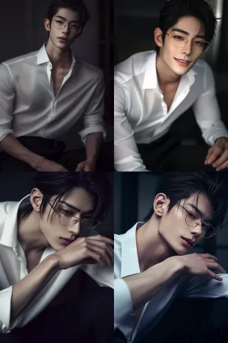 a stunningly handsome 23-year-old east asian man, delicate and refined facial features, flawless porcelain skin, sharp jawline, long dark lashes, deep-set eyes that appear gentle and innocent at first glance yet hide a cold calculating darkness within — a subtle unsettling glint behind the warmth. soft neutral expression, lips slightly curved in a deceptively kind smile, perfectly styled black hair slightly tousled. wearing a tailored crisp white shirt with the top button undone, black slim-fit trousers, thin gold-rimmed glasses perched elegantly on the bridge of his nose, hands with long slender elegant fingers. shot in an upscale dimly-lit interior, moody cinematic lighting, chiaroscuro effect, soft dramatic shadows, high-end fashion editorial photography, shallow depth of field, ultra-detailed skin texture, photorealistic, 8k, dslr, 85mm lens, f/1.4, cinematic color grading with cool desaturated tones