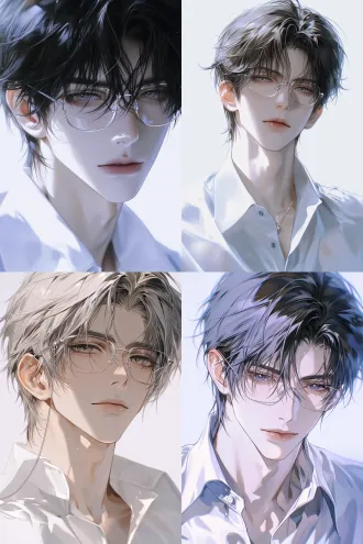 elegant 23-year-old male, refined delicate features, silver wire glasses, cool aloof scholarly vibe, white shirt, soft cool light, anime thick paint (厚涂), detailed eyes, masterpiece,