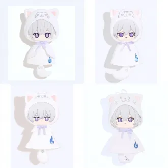 real 15cm cotton doll product photography, a chibi little boy, silver-grey short hair, large purple embroidered eyes. wearing a white cat-ear hood with a cute cat face embroidery and pink inner ears, a light purple bow at the neck. his body is bell-shaped like a teru teru bozu (sunny doll) wearing a white cape, with no legs. there is a small blue flame embroidery on the lower right of the cape. the bottom features a detachable white plush tail with a visible snap button. soft cotton-filled texture, fluffy, detailed fabric, studio lighting, soft shadows, clean white background, 8k resolution, ultra-realistic, highly detailed plush toy.
