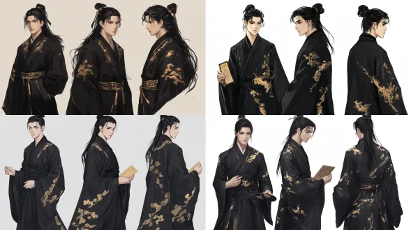 character sheet, three views: front view, side view, back view, same young east asian man, 20 years old, handsome neat black hair, elegant and refined appearance, sharp eyes with hidden obsession, like a genius cultivator, wears black traditional chinese robe with subtle golden cloud patterns, holding ancient jade slip that records mortal sins, he believes he is the arbiter of good and evil, calm and cold temperament, concept art, character design, consistent facial features, clean white background, soft painting, ultra detailed