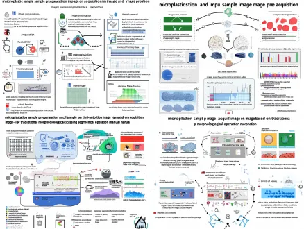 create an academic review schematic diagram for environmental microplastic analysis, inspired by the structure of the provided reference figure but redesigned with new content. the figure should have a clean white background, soft rounded rectangles, light blue and light orange main areas, thin dark outlines, minimalist scientific line icons, flat 2d illustration style, high readability, and no realistic shadows. overall layout: three horizontal sections from left to right. left section: title "microplastic sample preparation and image acquisition". include three simple icons: water sample collection, filter membrane enrichment, and microscope imaging. show the process as "sample preparation" → "image acquisition" → "input image". middle section: the largest area, divided into two parallel methodological layers. upper layer title: "semi-automated workflow based on traditional image processing". use a pale blue background. include modules in sequence: "image preprocessing", "morphological operations", "threshold segmentation", "edge detection", "manual correction & target screening", "morphometric parameter measurement". add small icons for filtering, binary segmentation, edge outline, manual checking, and particle size measurement. lower layer title: "fully automated recognition based on deep learning". use a pale orange background. include modules in sequence: "dataset construction", "annotation and training set", "model construction", "object detection", "instance segmentation", "automatic detection, segmentation, and quantification". show example model icons such as "yolov8", "mask r-cnn", and "segment anything". right section: title "result comparison and accuracy evaluation". include evaluation indicators: "iou", "dice coefficient", "precision", "recall", "f1-score", "map". use visual icons such as accuracy target, confusion matrix, bar chart, and evaluation meter. add a closed-loop arrow from the right evaluation section back to the middle workflow, labeled "result feedback and iterative optimization". the loop indicates that quantitative results and spectral ground truth can be used for model updating, external validation, and error analysis. at the bottom, add a concise caption: "fig. x. integrated workflow of image screening–coordinate transfer–targeted spectral confirmation for microplastic analysis." use only english labels. keep all text clear, concise, and legible. use soft colors: light blue for traditional processing, light orange for deep learning, light green for result evaluation. the style should be suitable for an environmental science or analytical chemistry review paper.