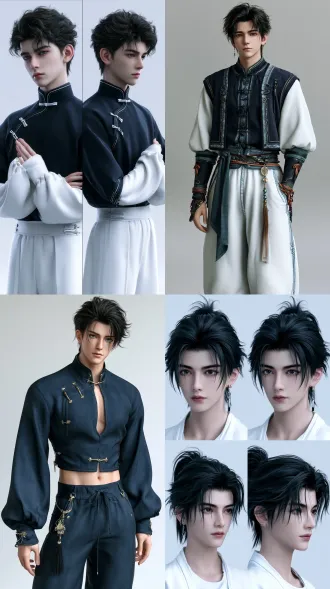 高精度3d半写实国漫男主四视图，16:9画幅，浅灰影棚背景，8k超高清，影棚柔光，轮廓光，深藏青象牙白低饱和金配色，统一五官发型服饰，清爽高级