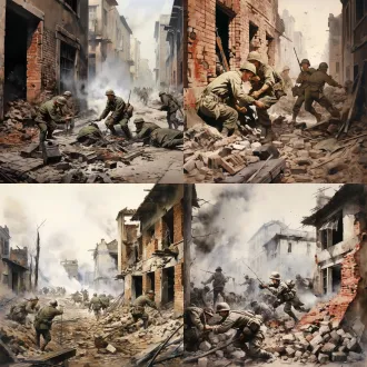 画一幅1937年淞沪会战的局部巷战特写。 画面内容（只聚焦局部，不要大远景）： 画面只画两到三名戴着m35钢盔的中国守军。前景是一名士兵半蹲在倒塌的青砖墙后，侧身端着中正式步枪瞄准，眼神坚毅，脸上满是黑灰和汗水，衣服沾满泥污、有破损。旁边是一名老兵正在低头拉动枪栓。背景不需要画满整条街，只需虚化处理，隐约能看到浓烈的黑烟、被炸断的残木和微弱的火光。 艺术风格与质感（核心）： 经典的复古军事油画，粗犷的厚涂笔触，清晰的画布纹理。不要过度添加地面的碎砖和杂物，地面只需表现出沙袋的沉重感和泥土的湿润感。人物光影要有强烈的明暗对比，面部要有雕塑般的立体感。 负面提示（必须遵守）： 绝对不要排排站，不要画站立摆拍的姿势，不要满地的乱码碎木头，不要干净的军装，不要游戏cg感，不要平滑的数字滤镜。