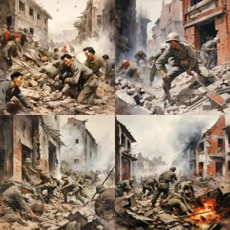 画一幅1937年淞沪会战的局部巷战特写。 画面内容（只聚焦局部，不要大远景）： 画面只画两到三名戴着m35钢盔的中国守军。前景是一名士兵半蹲在倒塌的青砖墙后，侧身端着中正式步枪瞄准，眼神坚毅，脸上满是黑灰和汗水，衣服沾满泥污、有破损。旁边是一名老兵正在低头拉动枪栓。背景不需要画满整条街，只需虚化处理，隐约能看到浓烈的黑烟、被炸断的残木和微弱的火光。 艺术风格与质感（核心）： 经典的复古军事油画，粗犷的厚涂笔触，清晰的画布纹理。不要过度添加地面的碎砖和杂物，地面只需表现出沙袋的沉重感和泥土的湿润感。人物光影要有强烈的明暗对比，面部要有雕塑般的立体感。 负面提示（必须遵守）： 绝对不要排排站，不要画站立摆拍的姿势，不要满地的乱码碎木头，不要干净的军装，不要游戏cg感，不要平滑的数字滤镜。 图片比例16:9 只用展示一个画面
