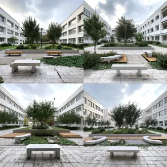 写实高品质校园中庭景观效果图，现代简洁的白色教学楼围合出安静的庭院空间，灰色石材铺装广场围绕矩形抬高绿地，整体为精致化校园花园改造设计。画面中心是方形绿地区域，采用自然曲线式布局，保留原有乔木和部分路灯，新增多层次植物群落与林下休闲空间。植物配置丰富，上层乔木包括银杏、紫薇、红枫、桂花、朴树等，形成高低错落的树冠轮廓；中层包括女贞球、海桐球、茶梅球、夹竹桃、绣球、红继木等灌木与花灌木，形成饱满圆润的植物组团；下层包括鸢尾、金鸡菊、松果菊、常夏石竹、玉簪、细叶麦冬、常春藤等宿根花卉和常绿地被，局部点缀芒草、柳枝稷等观赏草，形成花境、草坪、疏林草地和自然游步道相结合的空间层次。绿地内设置弧形浅灰石材坐凳、防腐木休闲平台、细砾石小径、自然置石组和小型林下交流节点，座椅边缘与植物边界衔接自然，园路顺着植物组团蜿蜒展开。局部以低矮灌木形成围合感，以开阔草坪和通透乔木形成视线通廊，保持教学楼之间的空间联系。材质真实细腻，石材铺装具有轻微磨损纹理，木质平台温润自然，植物叶片清晰但不过度夸张，阴天柔和漫射光，整体色调清爽、安静、高级，具有现代校园景观的简洁感和精致感。人眼高度视角，中景构图，真实摄影级渲染，高清细节，空间比例合理，景观设计效果图，画面干净自然。植物不要太集中，至少三张效果图。