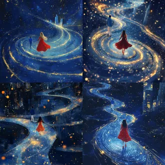 一幅超现实且梦幻的杰作，俯视视角。人物治愈绘本插画风格。一个留着长发，穿着红色长裙，带着红白围条纹巾的年轻女孩走在同心圆的轨道上。地面并非实体，而是完全由深海军蓝色的流动银河与闪烁的星尘构成。在她脚下，发光的金色星星与蓝色星云无缝汇成了这条道路。在背景中（略微虚化），一个穿着蓝色卫衣和白色裤子男子正沿着同一条蓝色银河轨道行走。在右侧，是有一点梦幻与现实交织的林立着的高楼大厦，自然地与轨道相接，激起一阵闪烁的星光。背景是深蓝色的宇宙空间，漂浮着金色的光粒子。空灵的氛围，生物发光感，电影级光影，3d渲染，octane渲染器，高度细节，8k分辨率，景深，治愈与情感氛围。