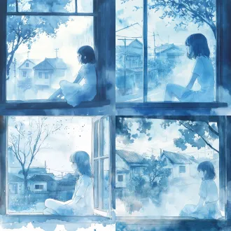 横版 4：3 治愈系水彩插画，（剪影质感）完全沿用淡蓝朦胧水粉笔触风格，整体是低饱和的浅婴儿蓝与奶白柔化色调，所有物体没有锐利硬边，全部像隔着蒙了薄雾的磨砂玻璃晕开的柔和蓝色剪影。 画面右侧是旧木质窗框，留着齐耳短发、穿简单白色短袖连衣裙的年轻女孩，参考第二张图的姿势抱膝盘腿坐在窗台上，双臂轻轻环住曲起的膝盖，侧脸安静地望向窗外，眼神放空，带着独处时淡淡的孤独感，人物轮廓被玻璃上的薄雾柔化，没有生硬的五官线条。 窗玻璃表面挂着细密的雨痕，玻璃上叠印着斜伸进来的梧桐树枝的淡蓝色半透明剪影，和第一张参考图右侧的树影笔触完全一致；玻璃外是雨雾朦胧的傍晚居民区，远处的瓦顶老房子、行道树、电线杆全部被雨雾柔化虚化，地面积着薄水，远处窗里漏出一点模糊的暖黄灯光，在雨雾里晕成软边光斑。 整体是极柔和的漫射冷天光，没有硬阴影，画面带着水彩纸的颗粒质感，氛围安静、怅然、治愈，像雨天独自靠窗发呆的柔软瞬间，景深极浅，所有边缘都带着水痕晕开的朦胧感，无文字、无水印，画面干净通透。