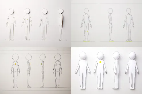 character sheet on white paper: front, side, back and three-quarter views of one minimal line figure: perfectly round head (1/18 of body height), single-weight wire body and limbs, no face, no hair, no clothing differences; one small warm-yellow dot (#ffc845) at chest center (1/40 of body height), evenly spaced; flat white background, no annotation text, no shadows.