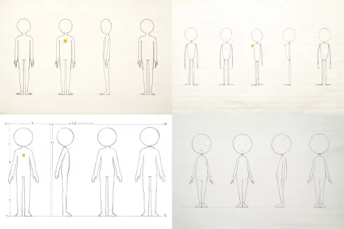 character sheet on white paper: front, side, back and three-quarter views of one minimal line figure: perfectly round head (1/18 of body height), single-weight wire body and limbs, no face, no hair, no clothing differences; one small warm-yellow dot (#ffc845) at chest center (1/40 of body height), evenly spaced; flat white background, no annotation text, no shadows.