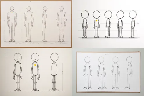 character sheet on white paper: front, side, back and three-quarter views of one minimal line figure: perfectly round head (1/18 of body height), single-weight wire body and limbs, no face, no hair, no clothing differences; one small warm-yellow dot (#ffc845) at chest center (1/40 of body height), evenly spaced; flat white background, no annotation text, no shadows.