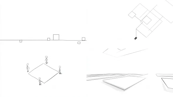 white-paper minimal line-drawing 2d animation，three square keys ， shapes and lines only, no text at all.