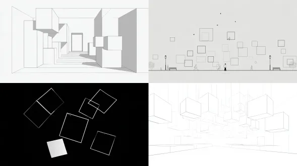 white-paper minimal line-drawing 2d animation， square keys ， shapes and lines only, no text at all.