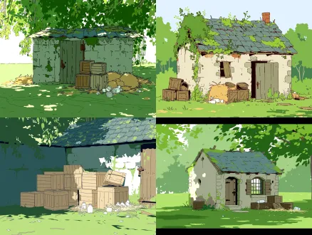 early morning, desolate woodland at the edge of town, a dilapidated cottage standing alone in an open field, heavily weathered blue-grey roof tiles damp with moisture, thick patches of moss and lichen spreading down to the base of the walls, time-worn and decaying textures, crooked wooden crates stacked beside the wall, some tipped over with open lids, dry hay mixed with porcelain-white bottles and shards, deep moss and dust covering the damp ground, wooden door ajar, rusted broken lock, soft diffused morning light, gentle ambient light, anime background art, clean linework, detailed environment