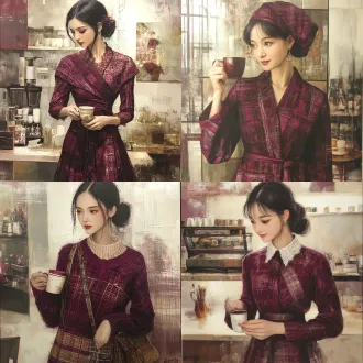 25-30岁女模特着素雅中老年妈妈装，咖啡店极简素净背景，一手持咖啡一手弯曲，头部端正，800×800画幅，清晰锐化，突出衣物质感无偏色，柔光，定焦50mm镜头，写实商业风，暖柔色调，舒适亲和