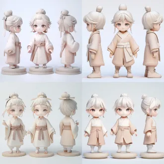 角色设计三视图，正侧背展示，轻薄同色系衣扇，温柔平易近人表情，纯白背景，均匀布光，无阴影，清晰轮廓，ip衍生品开发，c4d渲染。