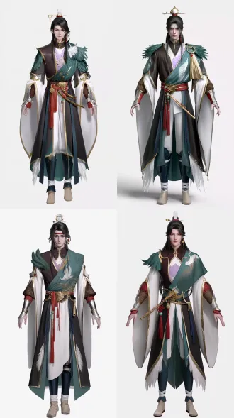 【图类型】角色设定参考图，正面视图，全身单人，白底 【构图】正面站立，身体正对镜头，双臂自然下垂、略离身成 a-pose，双腿并拢脚尖朝前； 正视角度、无透视变形（长焦平视，正交视角），头顶到脚尖完整，人物居中占画面九成 【排版】只输出单人单图，不要分栏、不要三视图排版、不要参考线或标注文字 清瘦、瓷白冷肤；中性表情，不笑，直视镜头 【头发】墨黑长发半束于顶，白玉簪横插，朱红发带垂于脑后；额前几缕碎发、鬓发贴颊垂至下颌； 头顶小金冠嵌白玉，右耳一枚金环垂朱红小穗 【上装】深棕高立领配金边，领心一枚白玉云纹扣；白色交领内衫，胸前一块藕紫内衬片； 孔雀青斜披肩自右肩斜过胸前，白鹤与松针纹刺绣、金边襞褶； 左肩青绿翼状肩甲带白色鹤羽纹；白色宽袖垂坠、金边；前臂深棕袖配金线羽纹， 朱红收紧袖口，银金护腕 【腰】朱红缎带在腰前打结垂穗，金色腰饰与白玉环；腰后一个大红中国结； 腰间悬一支竹笛，笛尾系一段旧朱红绳 【下摆】墨黑道袍下摆过膝、两侧开衩，孔雀青内衬，金线包边、下缘白色羽状镶边； 腿侧垂落墨青飘带，末端一枚朱红坠饰 【腿靴】墨蓝护胫缠白布绑带与金扣，踝部青绿饰片；米白短靴配金色鞋头与扣件 【配色比例】霜白 2.5、孔雀青 2.5、墨黑 2、金 1.2、朱红 1、藕紫 0.4、玉青 0.4 【背景】纯白或极浅灰无缝背景，无投影、无地面阴影 【光】均匀柔光，正面偏上、两侧补光，无硬阴影，纹样与材质清晰可辨 3d 角色 【比例】3:4 竖版