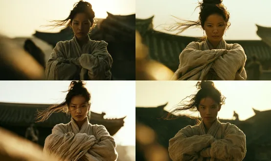 a cinematic still from a realistic chinese wuxia film, medium close-up of a young adult east asian woman, facing the camera, calm intense gaze, forearms crossed in front of her chest, wearing weathered sand-beige linen robes with oversized sleeves and richly textured folds, loosely tied messy high bun, windblown strands of dark hair sweeping across her face and flowing to the left, delicate dangling earrings. strong late-afternoon golden backlight from the upper right, glowing rim light outlining individual hair strands and shoulders, her face remaining softly shadowed. dark ancient chinese tiled rooftops with upturned eaves in the background, an indistinct distant figure, hazy atmosphere, soft warm foreground bokeh. muted olive-brown shadows, dusty earth tones, amber highlights, shallow depth of field, natural skin texture, subtle 35mm film grain, restrained color grading, realistic period-drama cinematography
