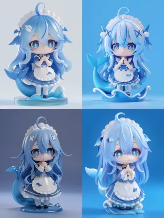 a pop mart style blind box figure, a cute chibi anime girl, long blue hair, whale fin hair ornaments, ahoge, wearing a blue and white maid dress with a small whale logo on the apron, a chubby blue whale tail behind her, hands clasped in front of chest, big sparkling blue eyes, standing on a wave-shaped base, solid background, 3d render, octane render, ultra-detailed, soft studio lighting, masterpiece, best quality