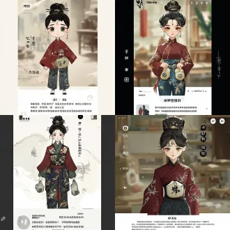 a full-body character design inspired by a traditional embroidered pouch, calm reserved figure, expressionless face, narrow long eyes, low-saturation green iris, sleek side-parted low ponytail, matte silver hairpin with abstract leaf shape, dark cinnabar red stand-collar short jacket with matte silver frog buttons, pouch-shaped sleeves, thin gold stitch trim, faint tonal leaf embroidery, low-saturation blue patterned straight trousers with gathered ankles, translucent yuanbao-shaped embroidered pouch at waist, minimal matte silver pouch-shaped earrings with short tassels, standing upright, one hand touching the waist pouch, blurred embroidery workshop background, new chinese-style illustration, visible fine stitches, linen texture, low saturation, delicate details