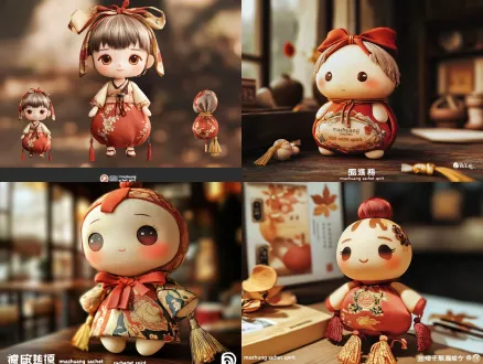 3d blind box toy ip design, popmart style. an anthropomorphic "mazhuang sachet spirit", definitely not a human girl, but a fabric sachet come to life. head: the top of the head is a tied red fabric drawstring knot, no human hair. body: the body is a chubby, stuffed red fabric sachet, with elegant han dynasty stone relief gold embroidery patterns. face: the face is directly on the fabric body. smooth clay/ceramic skin texture, but very clean cheeks (no grey shadows). sleepy, slightly sad, proud eyes, small mouth. limbs: very short, chubby, inflatable-like fabric hands and feet. details: golden silk tassels hanging at the bottom, holding a small sachet accessory. material: high-end matte clay texture, soft and delicate studio lighting, low saturation retro colors (cinnabar red, dark gold, dark green), solid background, 8k, highly detailed, clean lines.