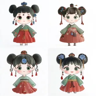3d潮玩盲盒ip设计，一个极具美萌感的q版中国风小女孩。头身比例协调，头部圆润小巧。幼态可爱的圆脸，水汪汪的绿色大眼睛（带高光），长睫毛，微醺腮红，小巧的鼻子，樱桃小嘴微微上扬，甜美治愈的微笑，额头有精致的蓝色花钿。 重点发型：黑色齐刘海。发型结构独特，头顶有两个立体的发包，发包下方延伸出空心环状的垂发结构（环状发髻/蝴蝶结状发髻），两侧悬挂着小巧的红色中国结与长流苏。 身穿绿色交领上衣，搭配红色蓬蓬裙，裙子有精美的金色刺绣暗纹和立体布艺褶皱，腰部有立体蝴蝶结和流苏玉佩。高级3d渲染，泡泡玛特质感，磨砂树脂肌肤，细腻的布料纹理，影棚级柔光，纯白背景，8k分辨率，杰作。