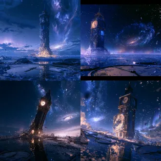 时间的尽头，16:9 唯美风格。无垠的星海尽头，一座孤独的钟楼悬浮在虚空之中，指针静止，钟面爬满发光的藤蔓；远处是坍缩的星河与柔和的极光，地面如镜面倒映着破碎的时钟与飘落的花瓣。色调以深蓝、紫罗兰与淡金为主，光影柔和梦幻，超现实主义，电影级构图，高细节，8k。