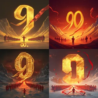 生成一张9:16竖版红色主题海报底图。巨大的金色立体数字“90”位于画面中央，数字的笔画化作一条发光的金色缎带蜿蜒而下。缎带上走着红军的队伍。画面底部，一个穿红色运动服的中国少年背影，手中捧着一本发光的书本，书本里飞出的红色丝带与长征队伍相连。背景是巍峨的雪山和初升的太阳。整体风格庄重、大气、爱国，极简留白，方便后期添加文字。不要出现任何文字。