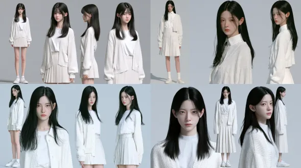 modern urban female college student, clean and pure campus beauty, oval face, soft rounded jawline, gentle almond eyes with slight downward tilt, clear innocent gaze, delicate straight nose, natural thin lips, cold pale fair skin with natural glow, smooth black long straight hair with middle part, soft and neat, white knit cardigan over white cotton shirt, high-waist pleated skirt, white sneakers, minimal natural makeup, plain clean style, youthful, soft, gentle, pure, innocent, student aura, character design sheet, front view full body and side view, three-view turnaround, light gray studio background, cinematic lighting, film grain, hyper detailed, 8k
