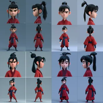 a 3d rendered cg animation character reference sheet, pixar and disney quality 3d animation render, smooth rounded 3d modeling, realistic volumetric lighting on skin and hair, pbr materials, subsurface scattering, stylized 3d movie look in the vein of spider-man: across the spider-verse and coco. a 2x2 four-panel character sheet on a plain cool-grey studio background. a single sixteen-year-old xianxia boy shown from four angles, seven-head-tall proportions, tall and slender build, broad shoulders, long legs. top-left, face front: sword-like eyebrows, sharp determined amber-gold eyes, a flat unsmiling mouth with an arrogant "i am the strongest" bearing; black high ponytail with one stray ahoge sticking up, short neat bangs that don't cover the eyes; east-asian face, clean jawline, soft 3d shading on young skin. top-right, face side: the same character in exact 90-degree profile, the black high ponytail falling naturally behind, ahoge still up, straight nose, clean jaw, clear ear, same hair and eye color, consistent 3d model. bottom-left, body front no face: the same character full-body standing, face intentionally left blank with no facial features; seven-head-tall with long legs, vermillion-red martial robe, indigo sash and bracers, no weapon at the waist, soft pbr fabric folds, weight on the back foot in a casual self-important stance. bottom-right, back: the same character full-body from behind, black high ponytail and upturned ahoge as the key identifiers, simple pattern on the back of the vermillion robe, indigo sash cinched, no weapon. vermillion-red and indigo oriental palette, single 45-degree rim light with no fill, cool steel-blue tone, clean and uncluttered. exactly one character, the same person across all four panels, no text, no watermark, no panel borders, not chibi, not big-head-small-body, not short legs, not stout, not photorealistic, not 2d cel-shading, not flat colors.