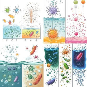 scientific diagram, academic style, left to right layout. left: wastewater containing nh4+, no3-, and rare earth elements. middle: rees inhibiting two bacteria. top bacteria (pn) shrinking. bottom bacteria (anaob) showing cell wall damage, displacement of calcium ions by rees, and internal reactive oxygen species (ros) explosions. right: an unbalanced scale showing nitrite (no2-) supply vs consumption, leading to system collapse. clean white background, vector art style, high resolution, microbiology concepts.