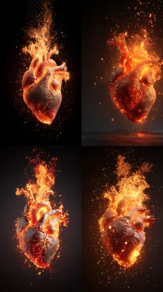 black background, a burning human heart, bright orange-red flames, splashing sparks, metallic texture on the heart surface,热血励志 style, high contrast, vertical 9:16, 8k, ultra-detailed
