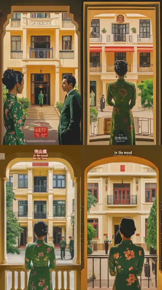 a retro flat illustration movie poster for the film "in the mood for love" by wong kar-wai. a woman in a vintage green floral qipao with her hair in an elegant updo stands in the foreground, her back to the viewer, wearing green earrings. a man in a retro green shirt, dark red tie, and brown trousers stands in the doorway, bathed in warm, golden amber light spilling out from the room behind him. inside the room, a silhouette of another man is smoking, with swirling smoke in the warm yellow light. on the right, another woman's silhouette is hidden in the dark shadows, holding her head. extreme chiaroscuro lighting, dramatic warm orange and cool dark green color contrast. the left side of the poster is dark negative space for movie title typography. minimalist 1960s hong kong retro art style, vector art, textured flat colors, grainy vintage paper texture, cinematic narrative, sophisticated retro color grading.