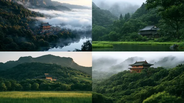 古代中国要塞城市，城市一半隐藏在雾气缭绕的浓密森林中，另一半毗邻宽阔的草原，四周是郁郁葱葱的草地，森林边缘，附近有宁静的湖泊，草原森林和湖泊的清新自然氛围，古典东亚美学，古老的城墙，胶片摄影，低饱和度， 柔和的土色调，柔和的侧光，细腻的胶片颗粒感，轻柔的光 禁止： 现代建筑、现代服装、高对比度、过饱和、鲜艳色彩、数字渲染、卡通、3d、扭曲的脸、畸形的四肢、多余的手指、丑脸、糟糕的解剖结构、塑料皮肤、过度处理的脸、