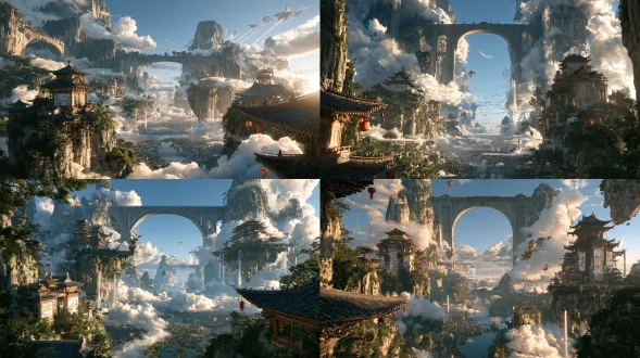 电影级游戏 cg 质感的仙侠场景概念图。宏大的浮空仙界全景：数座悬浮的山石岛屿之间，古朴的石桥凌空相连，云雾翻涌缠绕；岛屿上矗立雕梁画栋的中式古典楼阁，飞檐翘角，檐下悬挂红色灯笼；造型独特的仙舟与飞梭法器拖着流光穿梭其间。前景一角是精致的楼阁飞檐，光影绚烂，色调以青金蓝绿为主，缥缈壮阔，东方玄幻史诗氛围。高细节，8k 概念美术