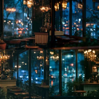6. 奶茶店 精致奶茶店靠窗座位，落地玻璃透入单侧冷蓝夜色，玻璃窗附着细腻反光与淡淡水汽，室内暖金吊灯亮度压低，木质桌面、浅色吧台、低饱和绿植构建柔和层次，窗外街景完全虚化，车灯化作圆形散景光斑，窗框框景，双人隔桌对峙构图，清冷试探，暧昧克制氛围。帐中香漫剧导演风格，现代都市暗调，伦勃朗单侧柔光，大面积阴影留白，低饱和色调，细腻胶片颗粒，3d漫感写实，画面干净，无人物，场景空镜，16:9横屏 单张独立画面，单一完整场景，不分割画面，不做拼贴，不做四宫格，不做多视图，不做角色设定板。 这里写你的场景描述、人物、光影、风格……