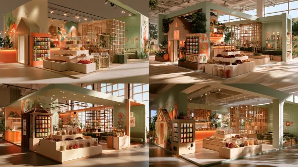 subject & layout: a 9x9 meter trade show exhibition booth for a healthy snack brand, island booth design, 3 open sides, spacious layout. style & color: fresh, healing, natural, cozy countryside style. color palette: light beige, pale green, warm orange accents, dark brown wood textures. hand-drawn food illustration style elements. key elements (front): a giant, cute, miniature "countryside warehouse" (barn) structure at the front as the main entrance. a massive blind-box vending machine filled with colorful mini snack bags. key elements (center): tiered light wood display tables showing 4 categories of snacks (grain crisps, dried fruits, meat jerky, pastries). small independent packaging. clear acrylic jars filled with real oats, nuts, and dried strawberries. key elements (sides): a tasting bar with warm orange lighting. a semi-private wooden grid partition for a business negotiation area with cozy green sofa seating. a brand story wall with light green pegboards. lighting & vibe: bright, soft, natural lighting. warm led spotlights highlighting the snacks. pop-up shop vibe, inviting, high foot traffic. technical: 8k resolution, photorealistic, architectural rendering, 3d exhibition design, isometric view or eye-level wide angle, unreal engine 5 render, highly detailed, volumetric light.