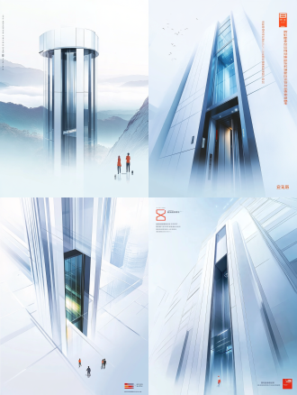 a high-end minimalist brochure cover design for an elevator maintenance and renewal company. an architectural cutaway of a bright, pure white modern building. inside the building shaft, a sleek, transparent glass elevator cabin is glowing with soft cyan light, rising smoothly. soft morning sunlight and light mist. tiny silhouettes of people in bright orange clothes at the bottom to add life and scale. fresh, clean, professional, not heavy. pastel color palette, lots of negative space on the right for text. 8k resolution, architectural rendering, photorealistic, editorial design.