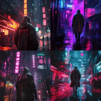 a scavenger in a tattered raincoat ，cyberpunk ruins ，rainy night ， neon reflections ，cinematic ，lighting ，low angle shot