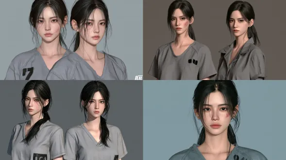 角色名字：许嘉宁 别称：我,嘉宁,宁宁,临时女友,任务目标,小妹妹 详细描述：26岁左右，女性，面部皮肤紧致无细纹，鹅蛋脸，左颊自颧骨至下颌有一道淡粉色陈旧刀疤，黑色长发低扎马尾，发丝略干，细长眉，杏眼，黑色瞳孔，眼神平直，小巧直鼻，薄唇，嘴角微下撇，普通圆耳，左耳垂有一颗小痣，上身灰色棉质短袖囚服，左胸印黑色编号，领口松垮，下身深灰色棉质长裤，脚穿黑色布鞋。