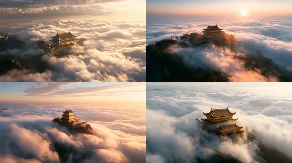 高空航拍漫卷云海，汉白玉凌霄天宫半隐云隙，对角线构图，上古神话仙境，超广角镜头，丁达尔光，鎏金飞檐斗拱，流动积云，缥缈薄雾，史物感，巨物感，暖金乳白配色，神圣缥缈