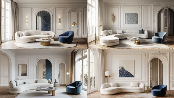 prompt: interior design of a living room, 185 square meters, light french style, cream white walls with delicate french molding, herringbone parquet floor, a striking feature wall in bvlgari blue marble, a cream curved fabric sofa, one bvlgari blue velvet accent chair, elegant brass floor lamp, arched doorway, luxury and practical, soft natural lighting, photorealistic, 8k resolution, architectural photography, octane render.