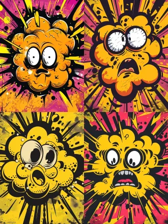 a pop art illustration, graffiti street art style, 90s retro comic book aesthetic. a massive bright yellow explosion smoke cloud in the center with heavy black outlines, containing a minimalist cartoon face with two black oval eyes. huge, bold, abstract black graffiti typography across the center with dynamic radiating action lines. a quirky yellow cartoon character with big eyes in the bottom left corner. vibrant neon magenta background with scattered black speed lines and sharp spikes. flat vector style, solid colors, no shading, high contrast, screen printing texture, highly graphic, striking visual impact